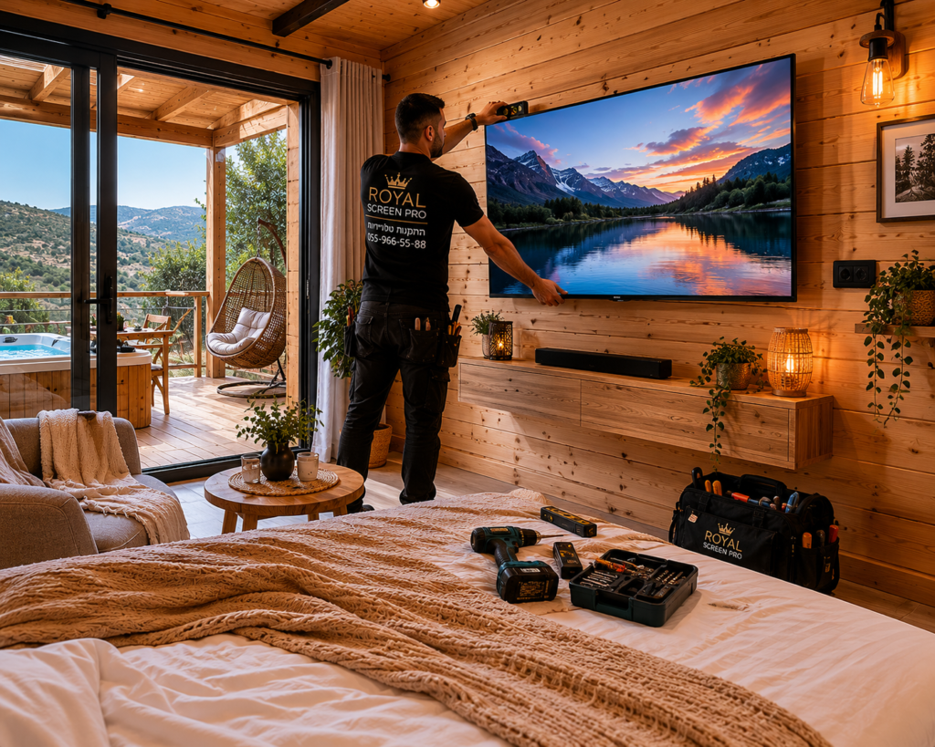 מתקין טלוויזיה מקצועי מתקין מסך גדול בצימר עץ יוקרתי עם מרפסת ונוף הררי בצפון